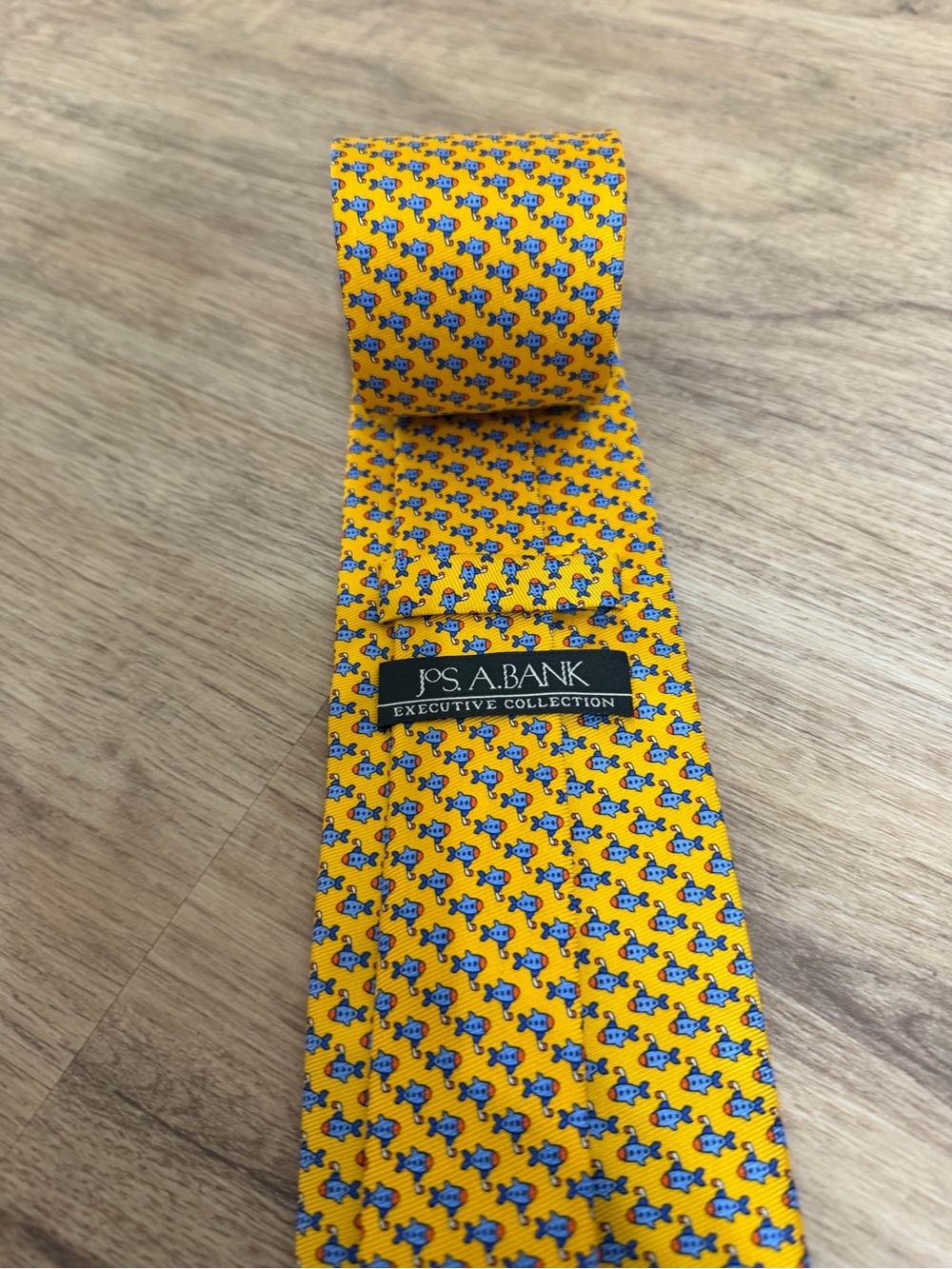 Jos. A. Bank Yellow Tie with Small Blue Fish Pattern